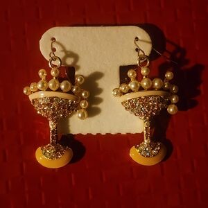 Gold Champange Glasses, Pearls And Pink Rhinestone Drop Earrings Fashion Jewelry